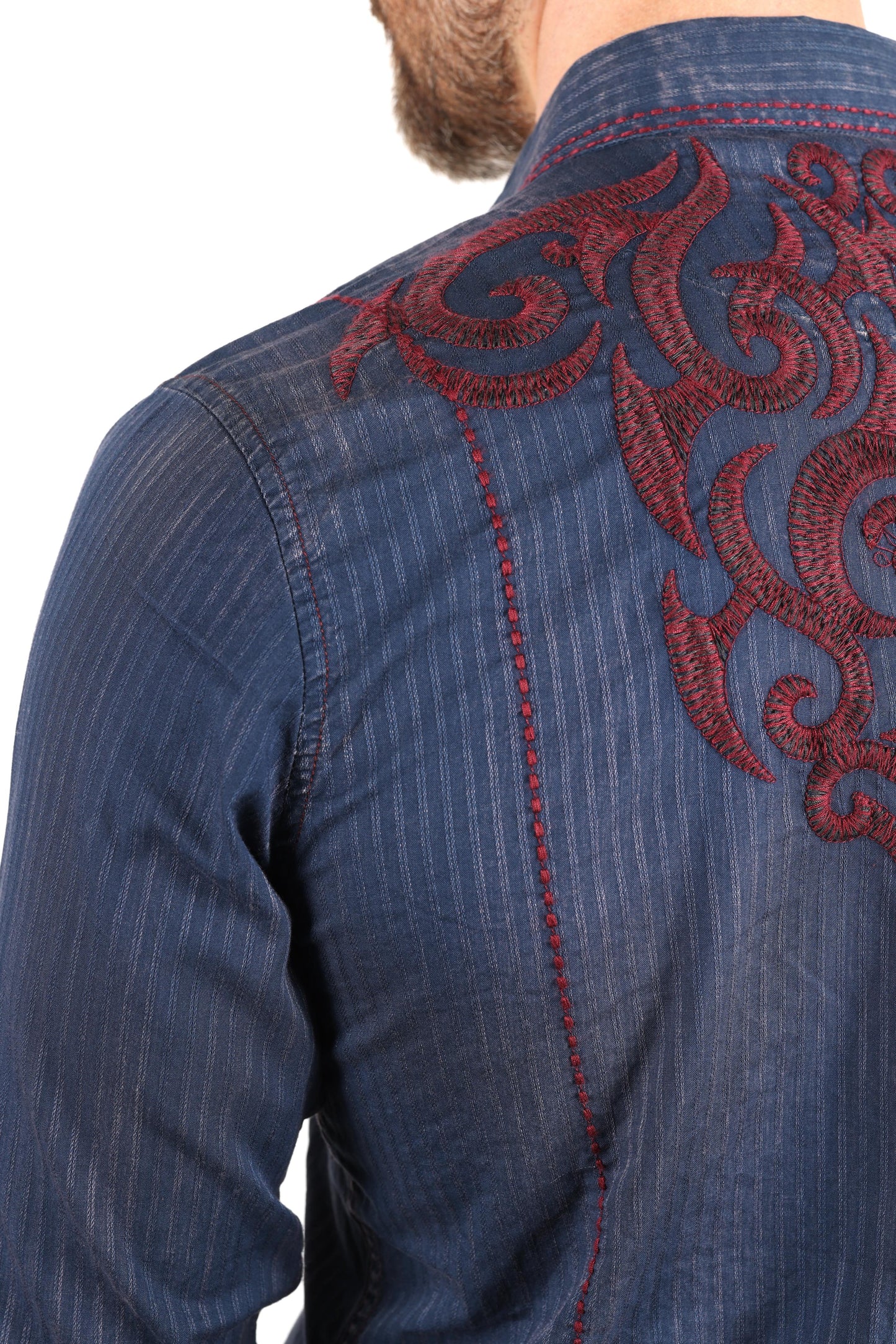 Mens Vintage Washed 2-tone Embroidery Modern Fit Stretch Shirt