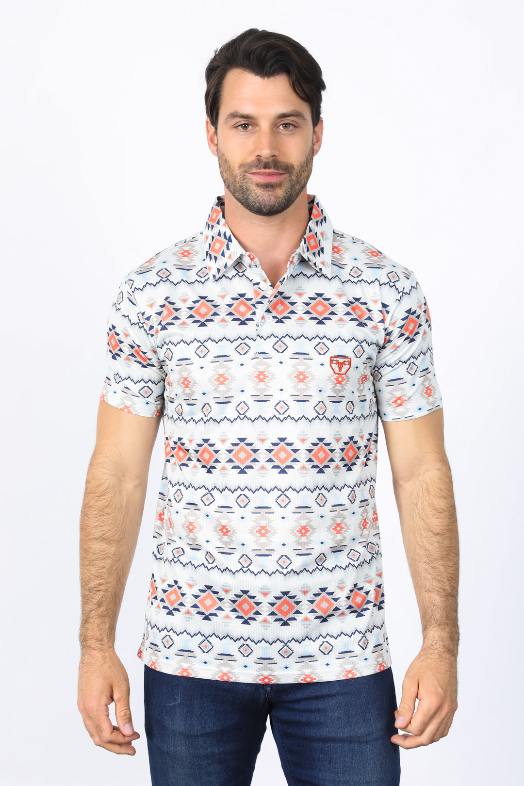 Mens Performance Fabric Modern Fit Stretch Aztec Print Off White Polo