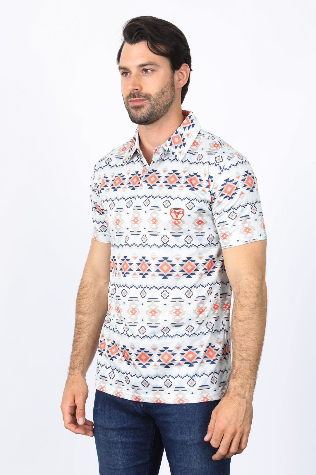 Mens Performance Fabric Modern Fit Stretch Aztec Print Off White Polo