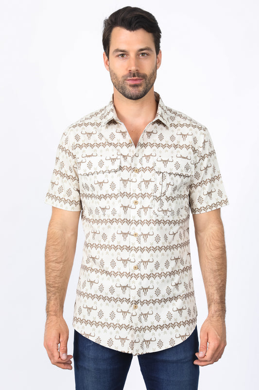 Mens Performance Classic Fit Western Beige Short Sleeve Aztec Print Shirt