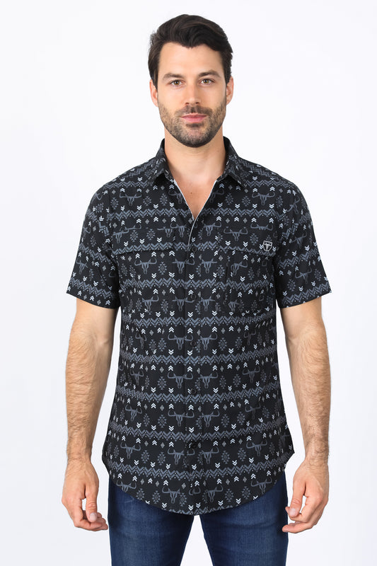 Mens Performance Classic Fit Western Black Short Sleeve Aztec Print Shirt