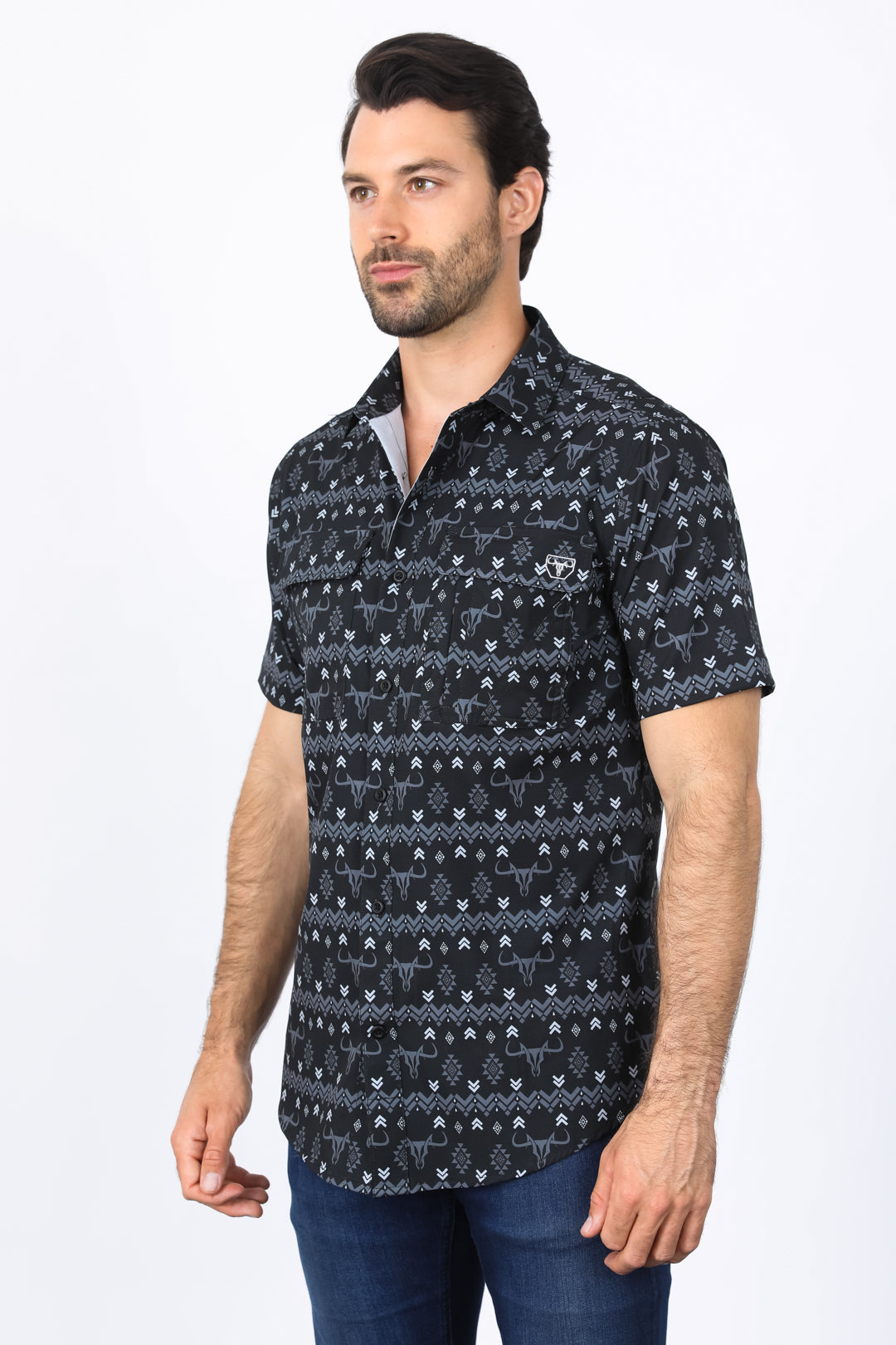 Mens Performance Classic Fit Western Black Short Sleeve Aztec Print Shirt