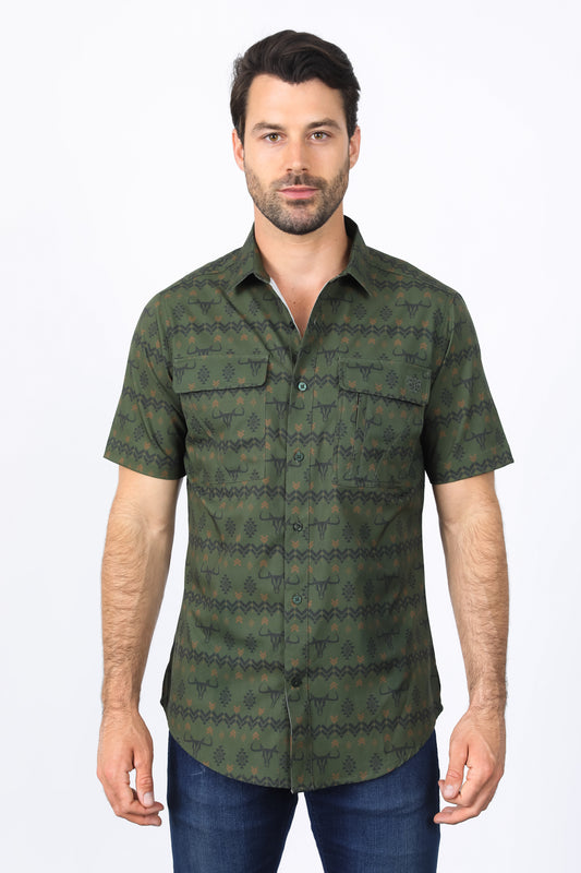 Mens Performance Classic Fit Western Olive Short Sleeve Aztec Print Shirt