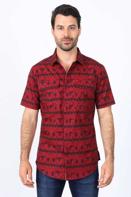 Mens Performance Classic Fit Western Red Short Sleeve Aztec Print Shirt