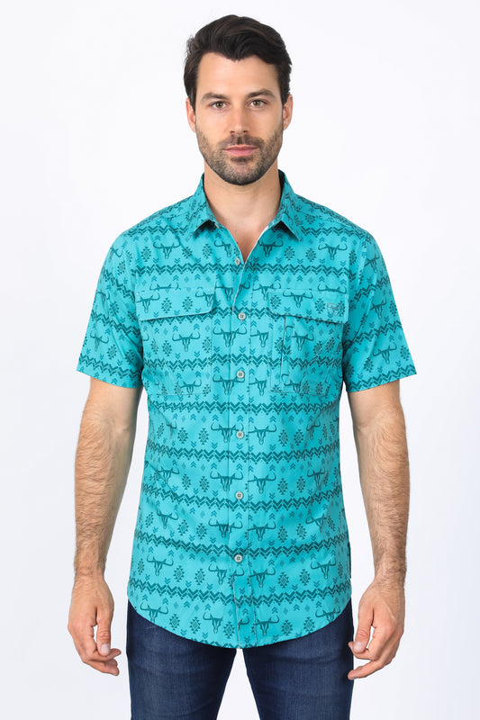 Mens Performance Classic Fit Western Sage Short Sleeve Aztec Print Shirt