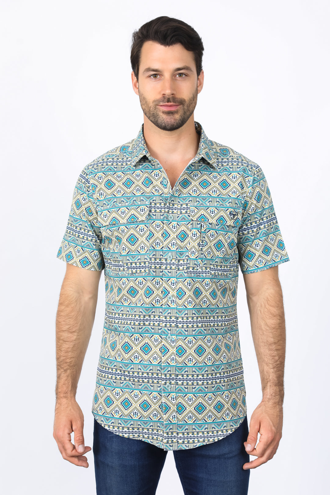 Mens Performance Classic Fit Western Short Sleeve Aztec Print Beige Shirt