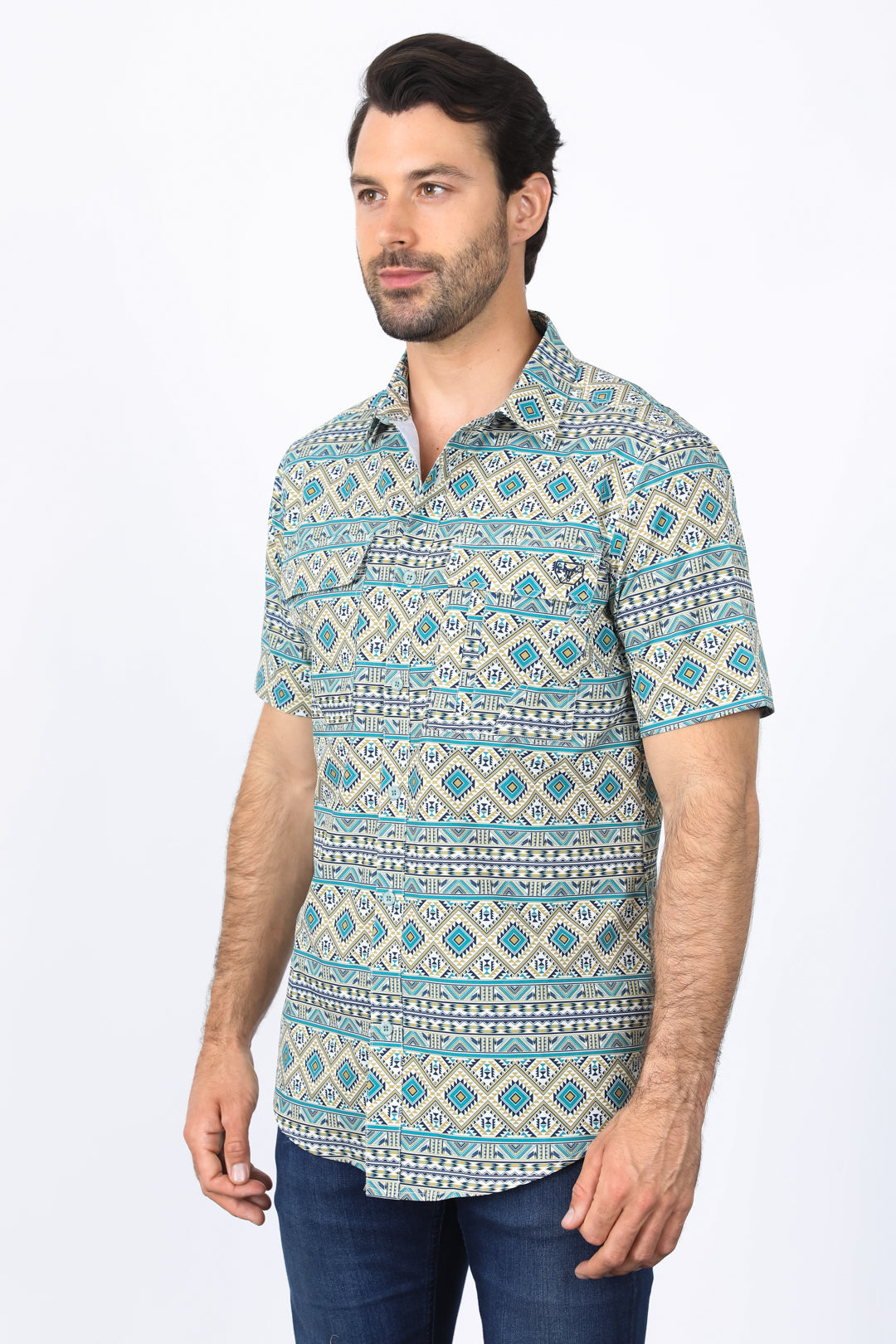 Mens Performance Classic Fit Western Short Sleeve Aztec Print Beige Shirt