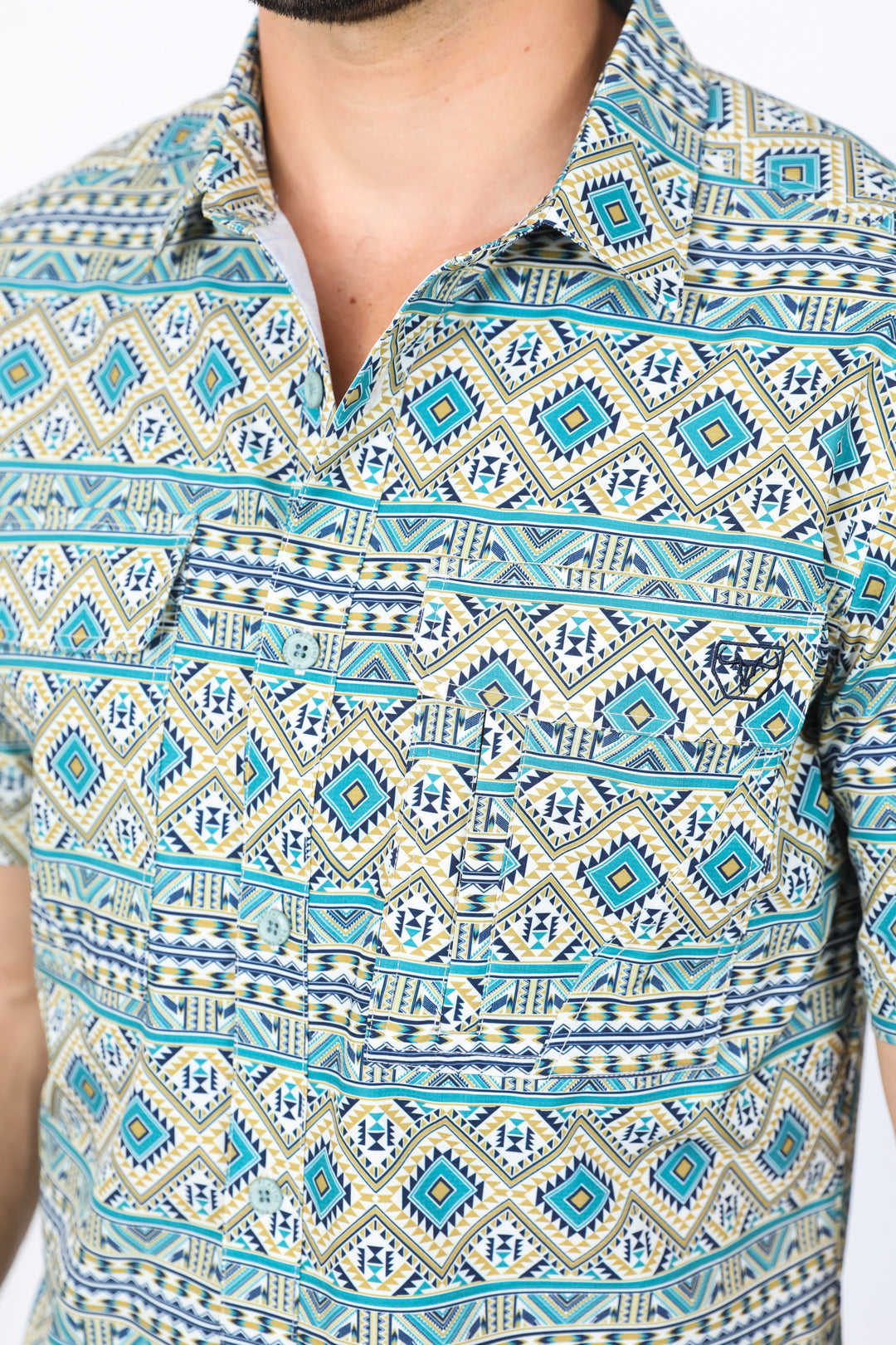 Mens Performance Classic Fit Western Short Sleeve Aztec Print Beige Shirt