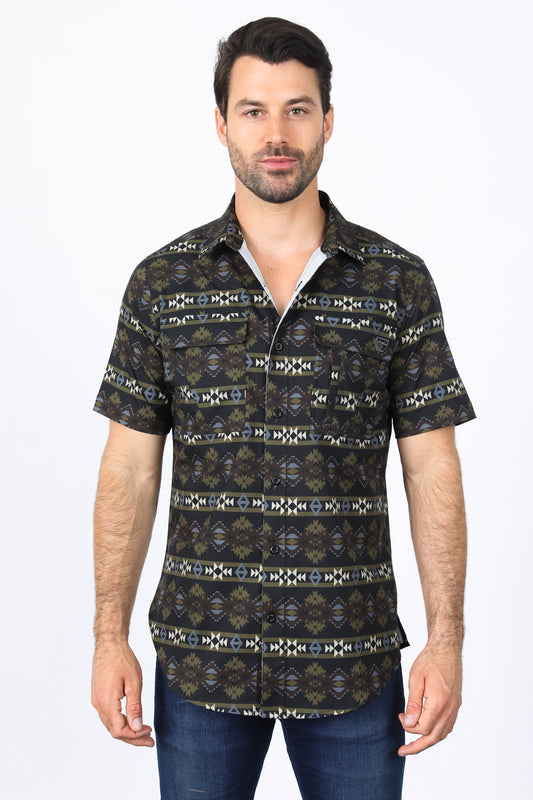 Mens Performance Classic Fit Western Short Sleeve Aztec Print Black Shirt