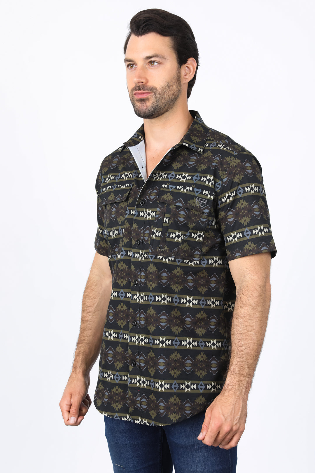 Mens Performance Classic Fit Western Short Sleeve Aztec Print Black Shirt