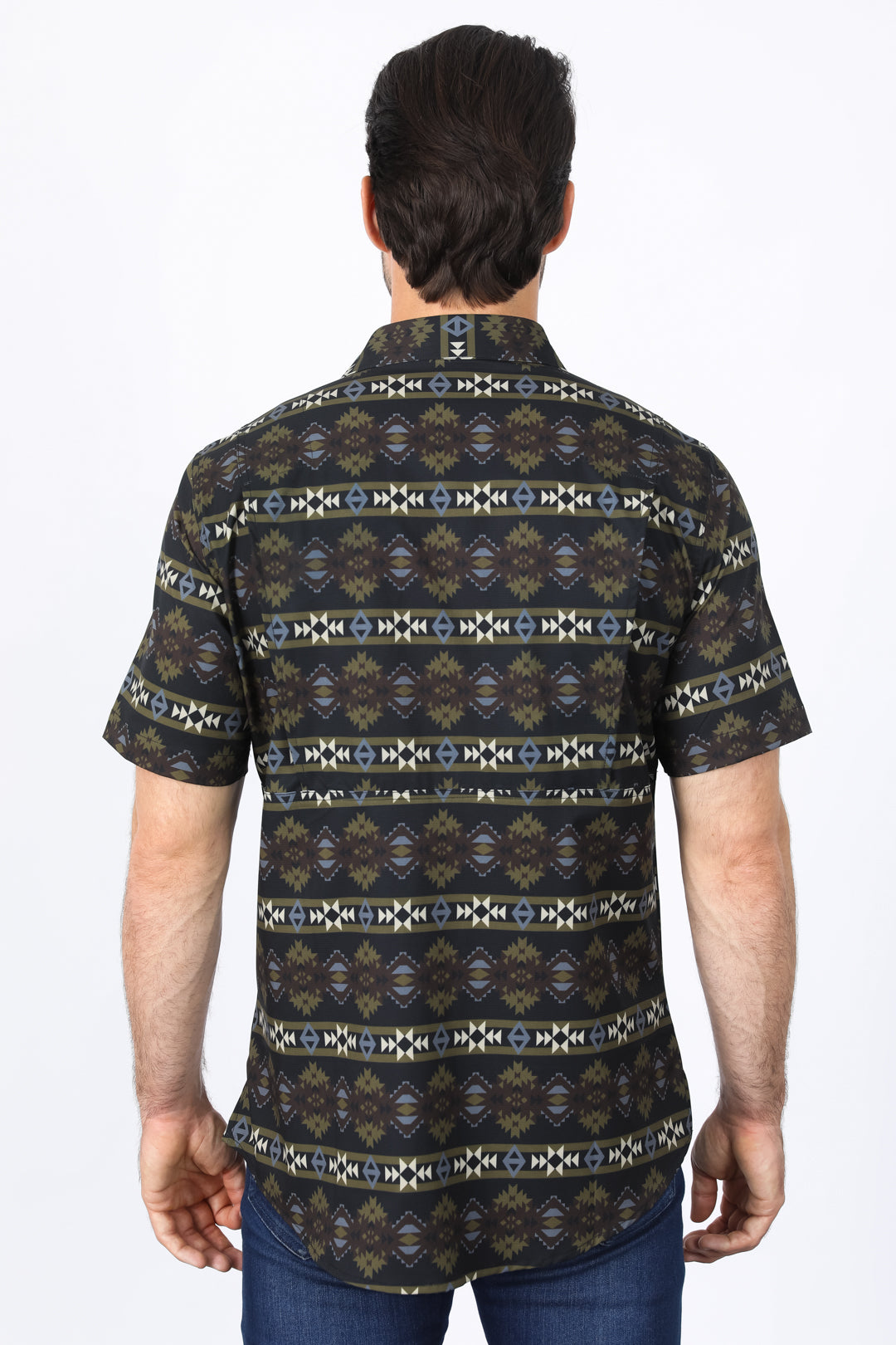 Mens Performance Classic Fit Western Short Sleeve Aztec Print Black Shirt