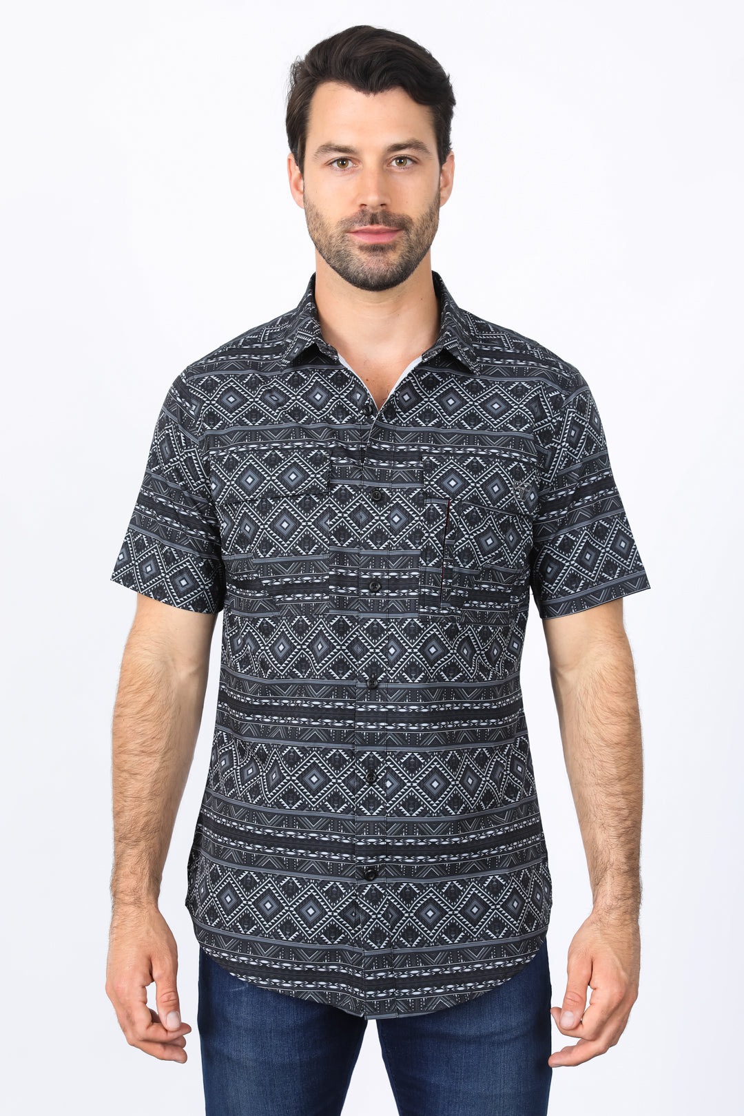 Mens Performance Classic Fit Western Short Sleeve Aztec Print Black Shirt