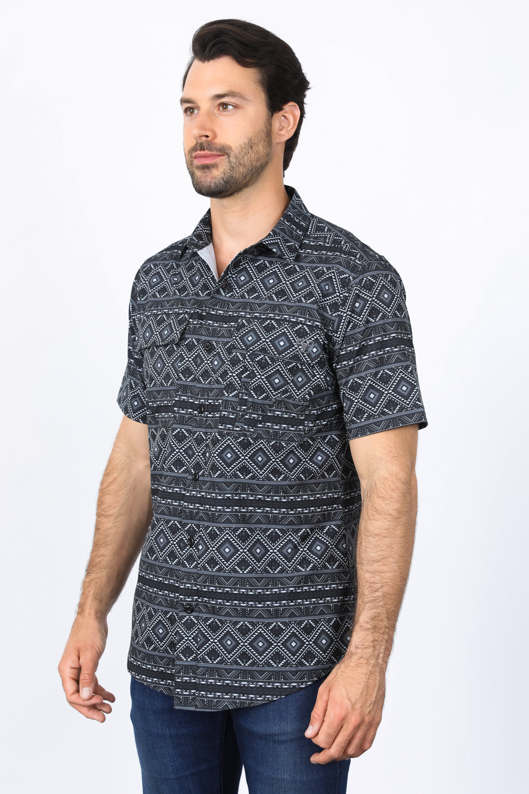 Mens Performance Classic Fit Western Short Sleeve Aztec Print Black Shirt