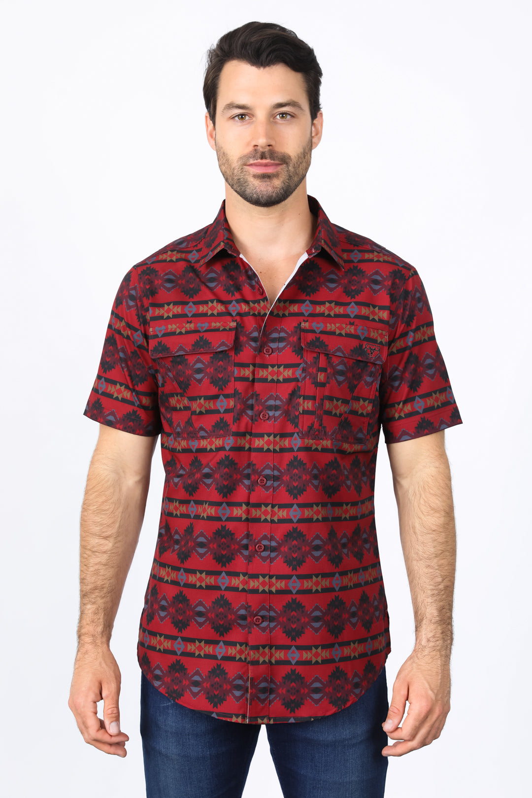 Mens Performance Classic Fit Western Short Sleeve Aztec Print Red Shirt