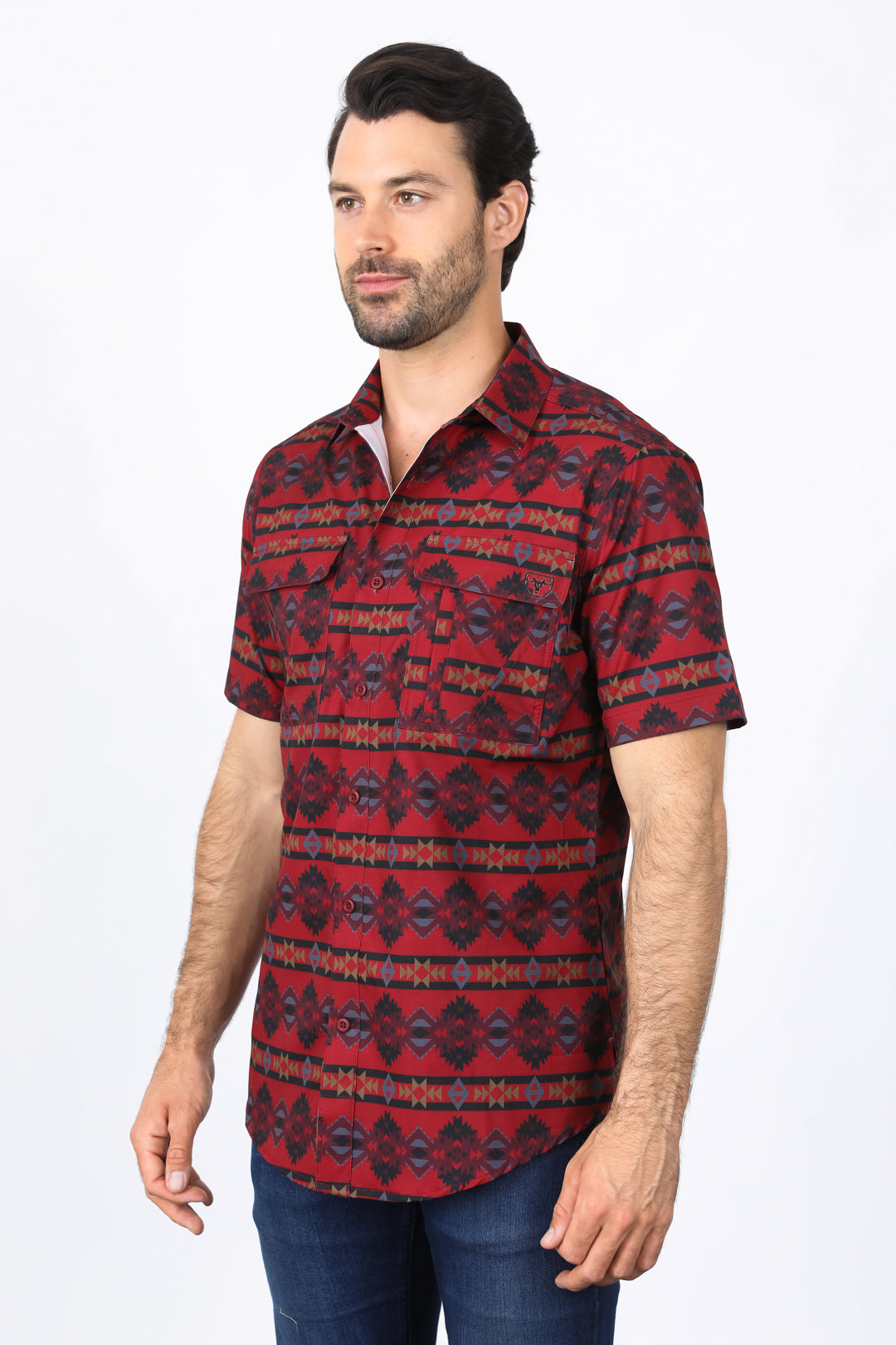 Mens Performance Classic Fit Western Short Sleeve Aztec Print Red Shirt