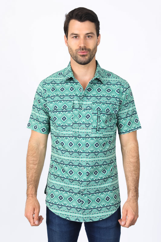 Mens Performance Classic Fit Western Short Sleeve Aztec Print Sage Shirt