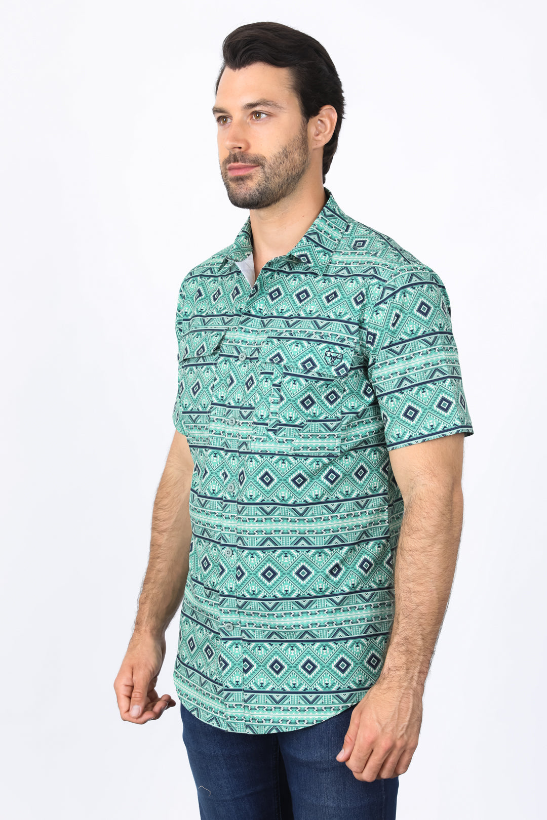 Mens Performance Classic Fit Western Short Sleeve Aztec Print Sage Shirt