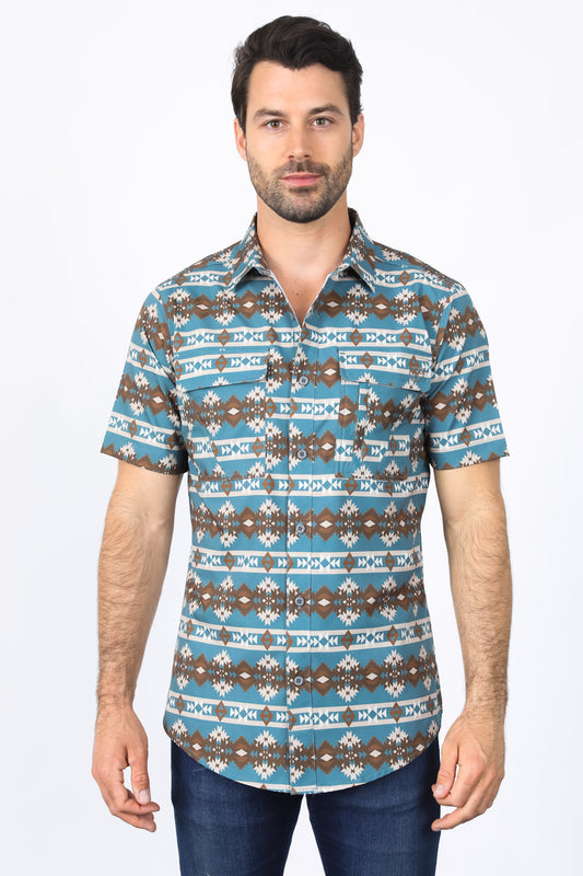 Mens Performance Classic Fit Western Short Sleeve Aztec Print Teal Shirt