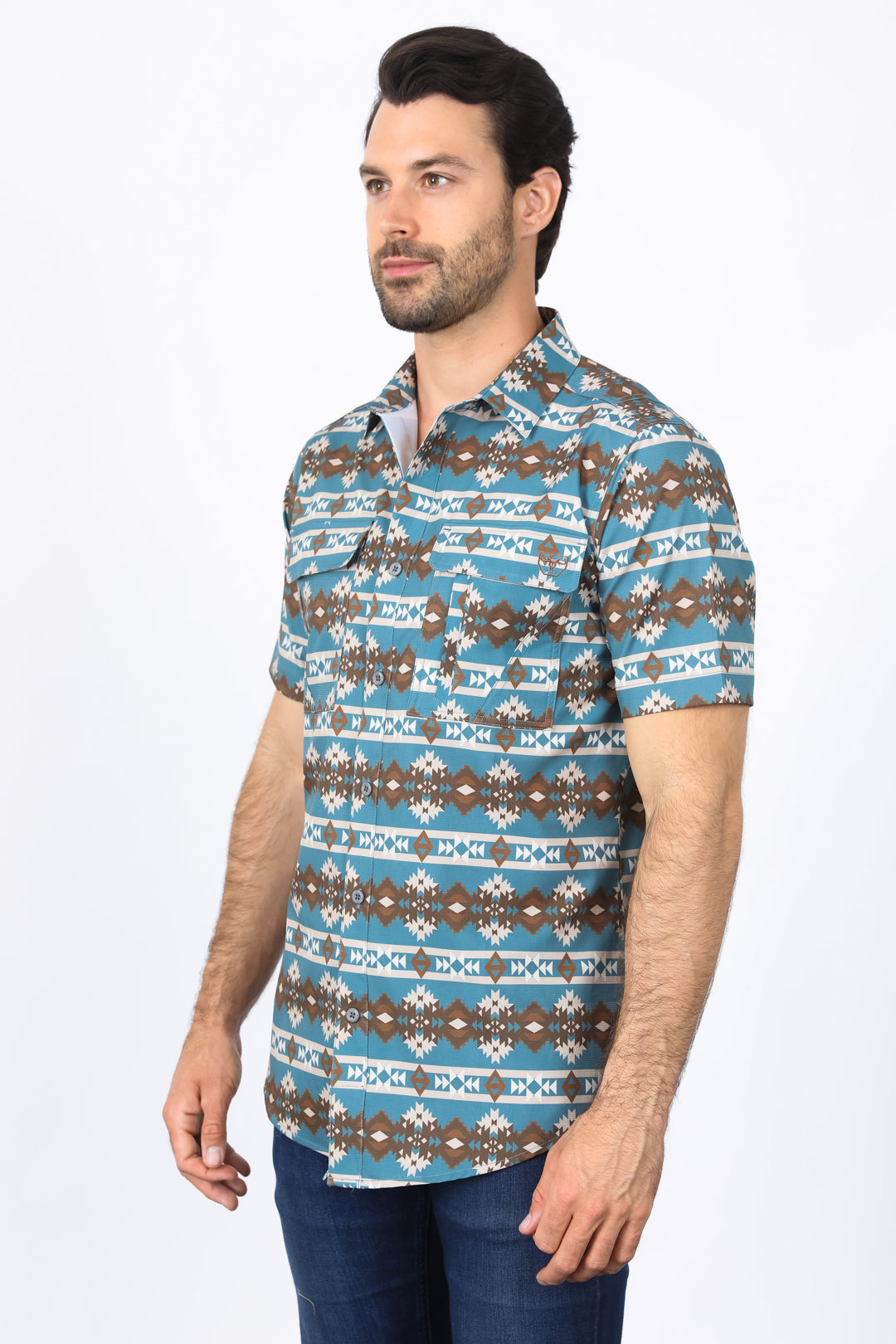 Mens Performance Classic Fit Western Short Sleeve Aztec Print Teal Shirt