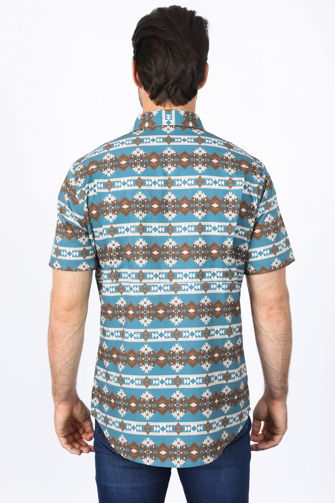 Mens Performance Classic Fit Western Short Sleeve Aztec Print Teal Shirt