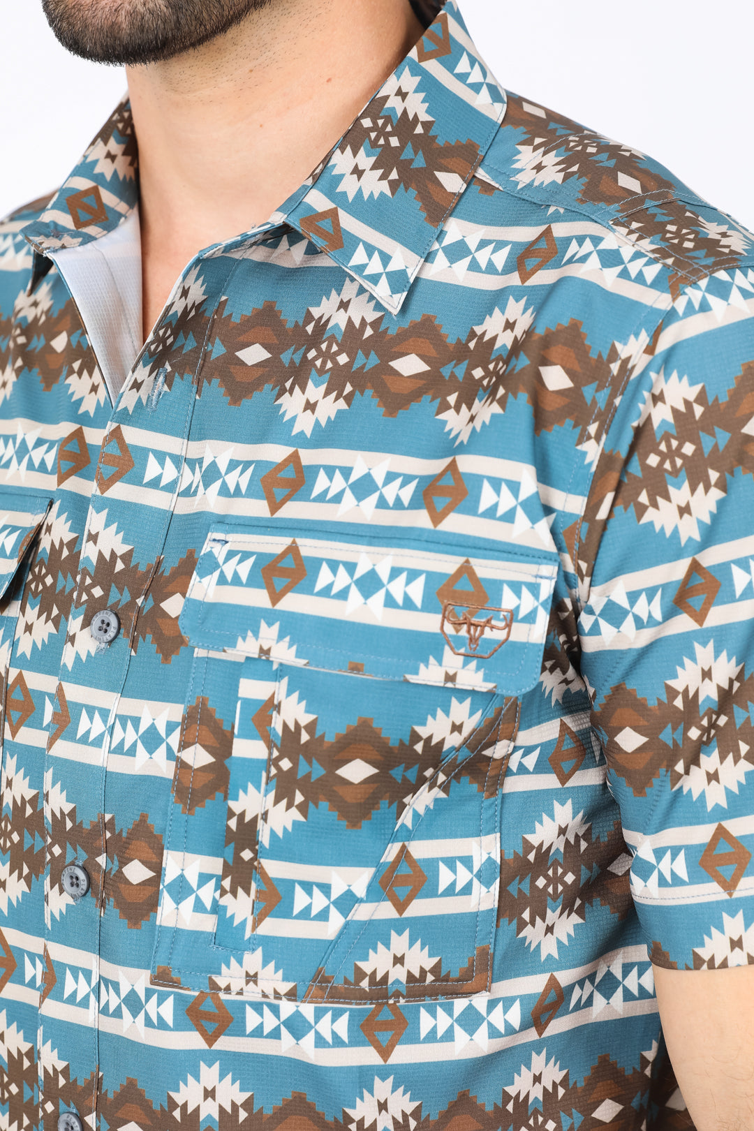 Mens Performance Classic Fit Western Short Sleeve Aztec Print Teal Shirt