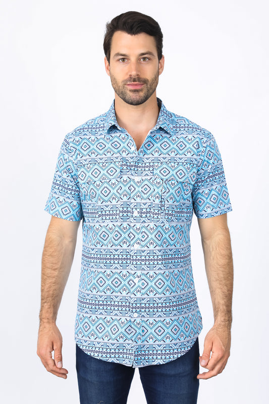 Mens Performance Classic Fit Western Short Sleeve Aztec Print White/Blue Shirt