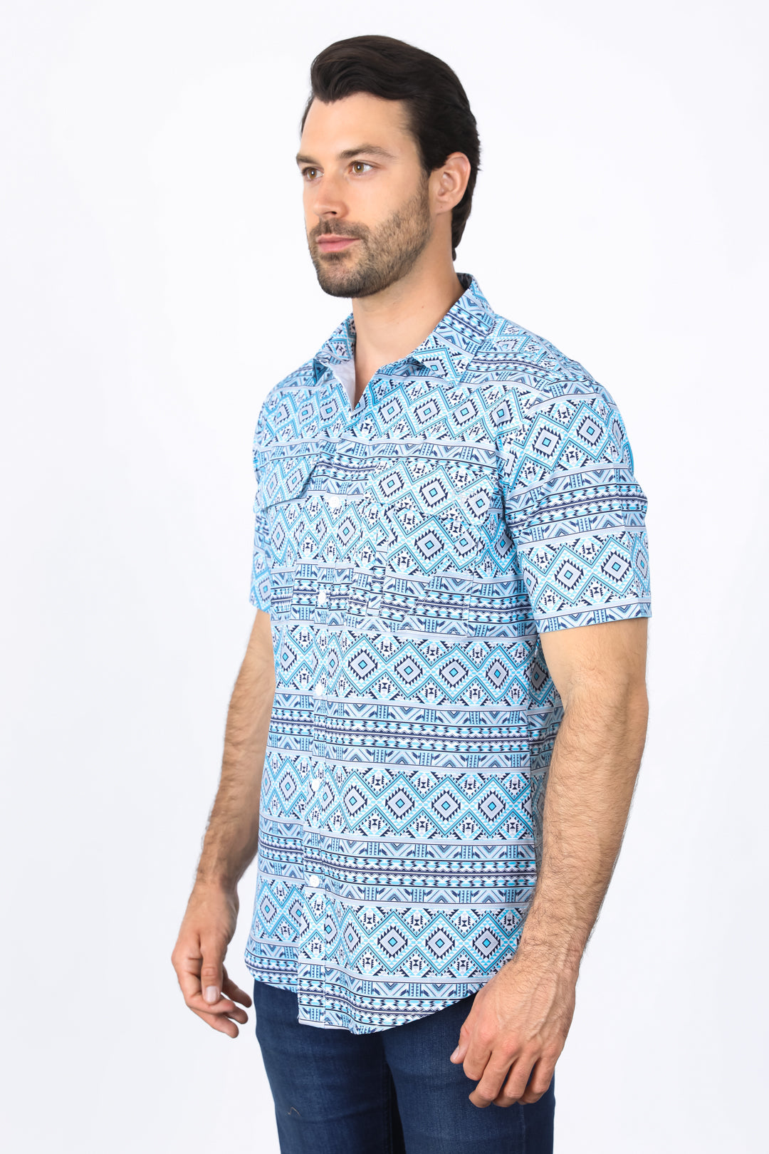 Mens Performance Classic Fit Western Short Sleeve Aztec Print White/Blue Shirt