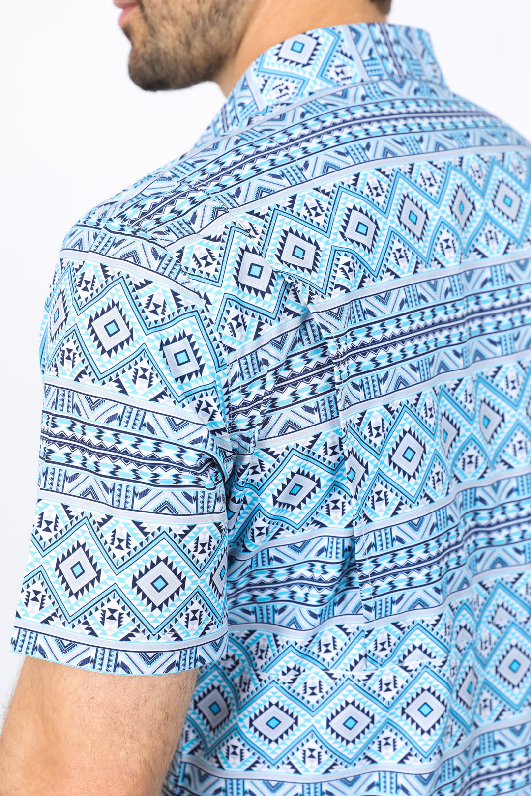 Mens Performance Classic Fit Western Short Sleeve Aztec Print White/Blue Shirt