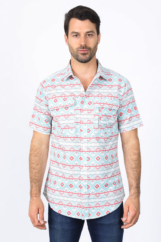 Mens Performance Classic Fit Western Short Sleeve Aztec Print White/Salmon Shirt