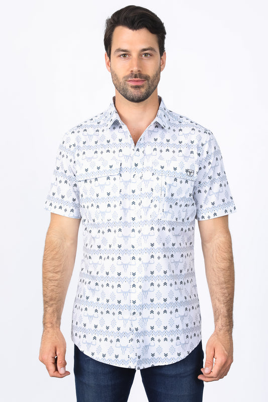 Mens Performance Classic Fit Western White Short Sleeve Aztec Print Shirt