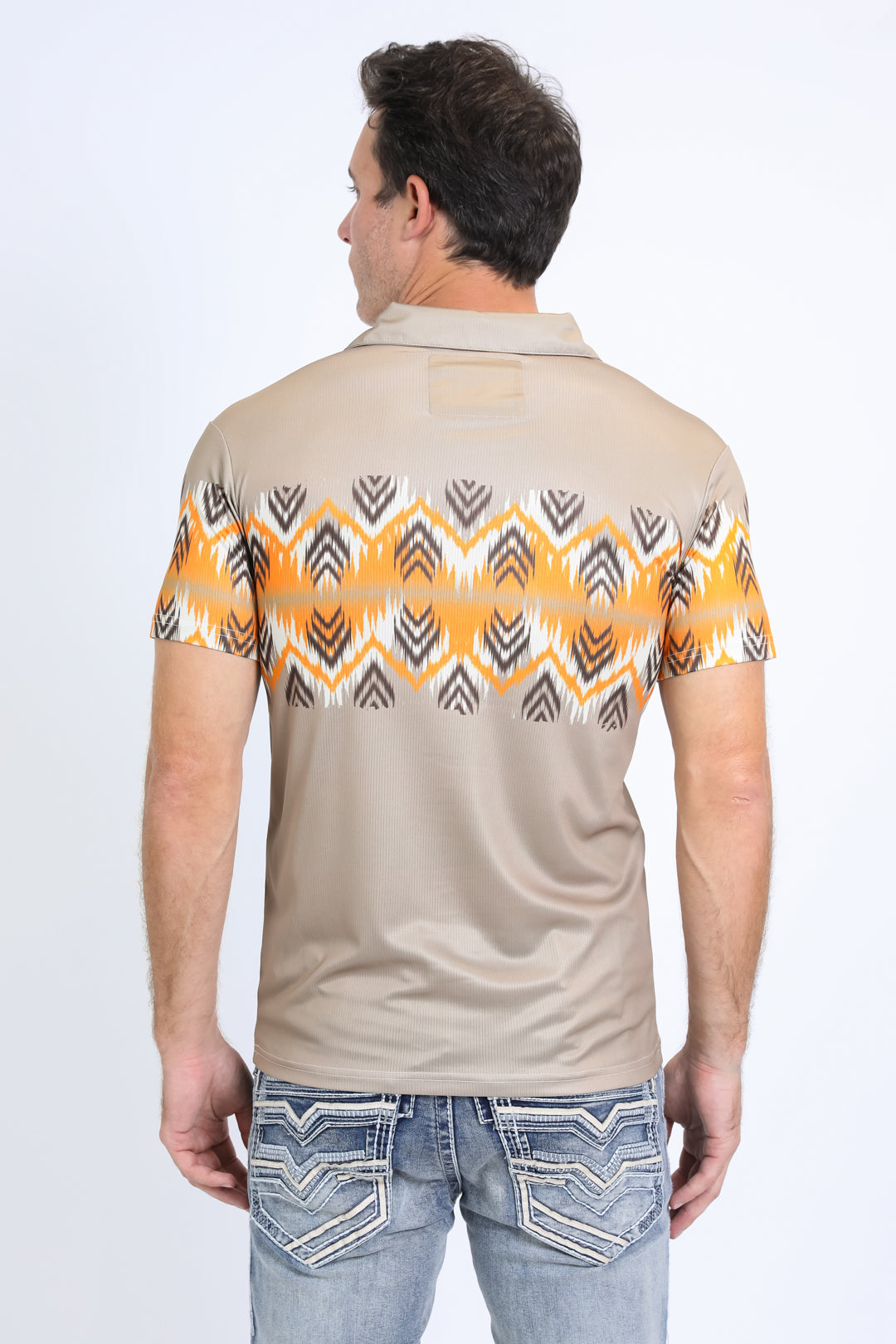 Men's Performance Fabric Aztec Panoramic Print Khaki Polo