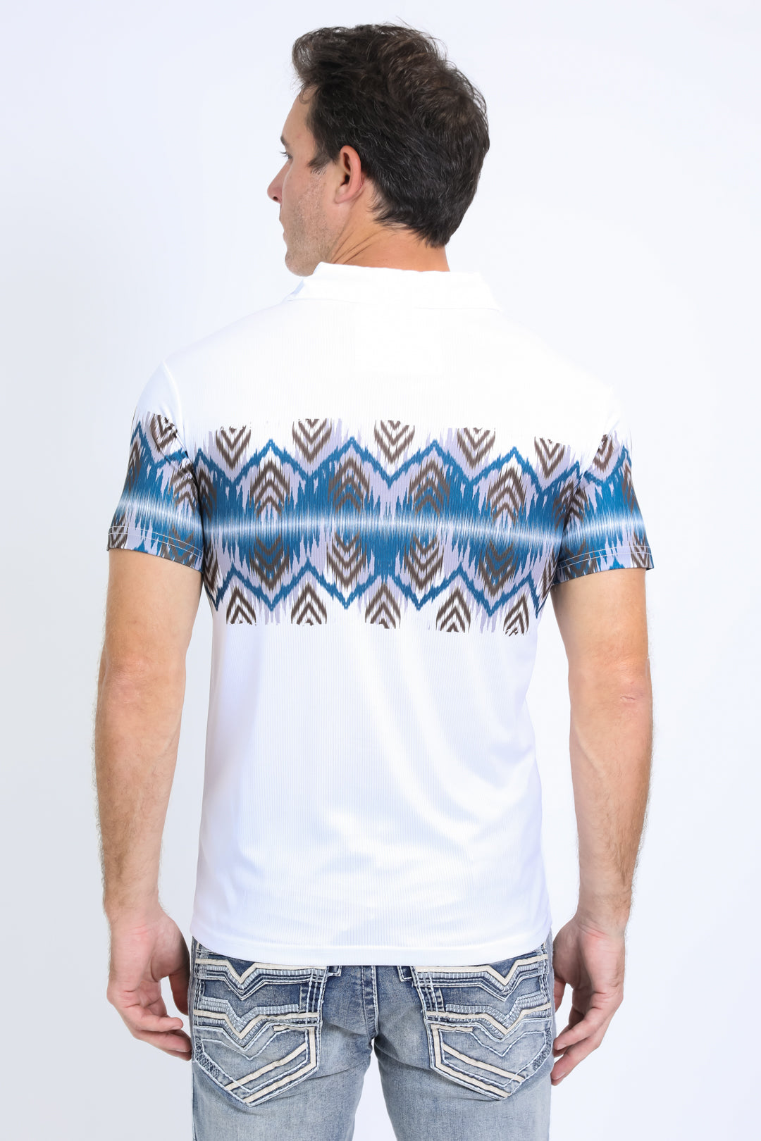 Men's Performance Fabric Aztec Panoramic Print White Polo