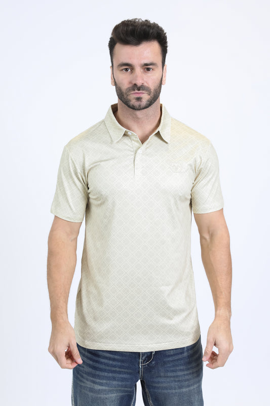 Mens Performance Fabric Modern Fit Stretch Aztec Print Beige Polo