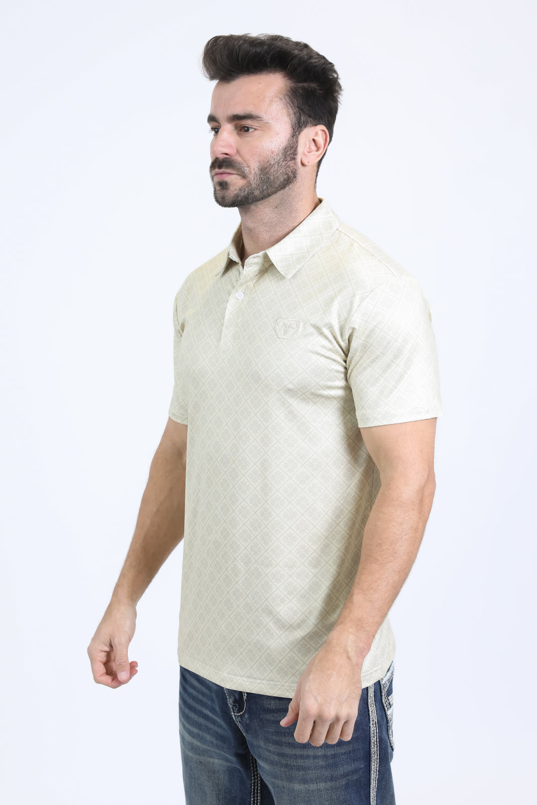 Mens Performance Fabric Modern Fit Stretch Aztec Print Beige Polo