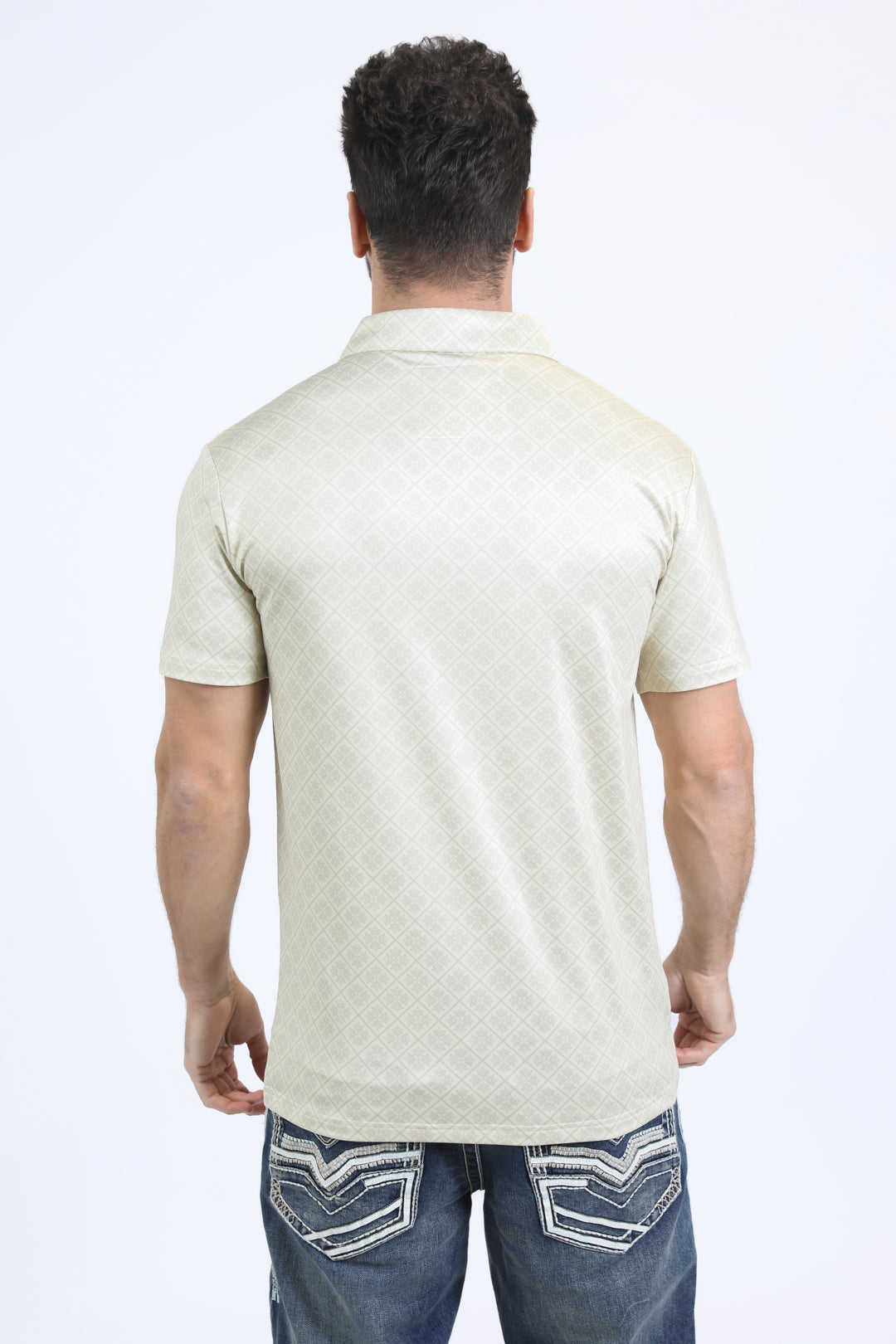 Mens Performance Fabric Modern Fit Stretch Aztec Print Beige Polo