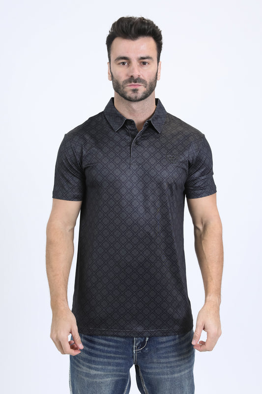 Mens Performance Fabric Modern Fit Stretch Aztec Print Black Polo