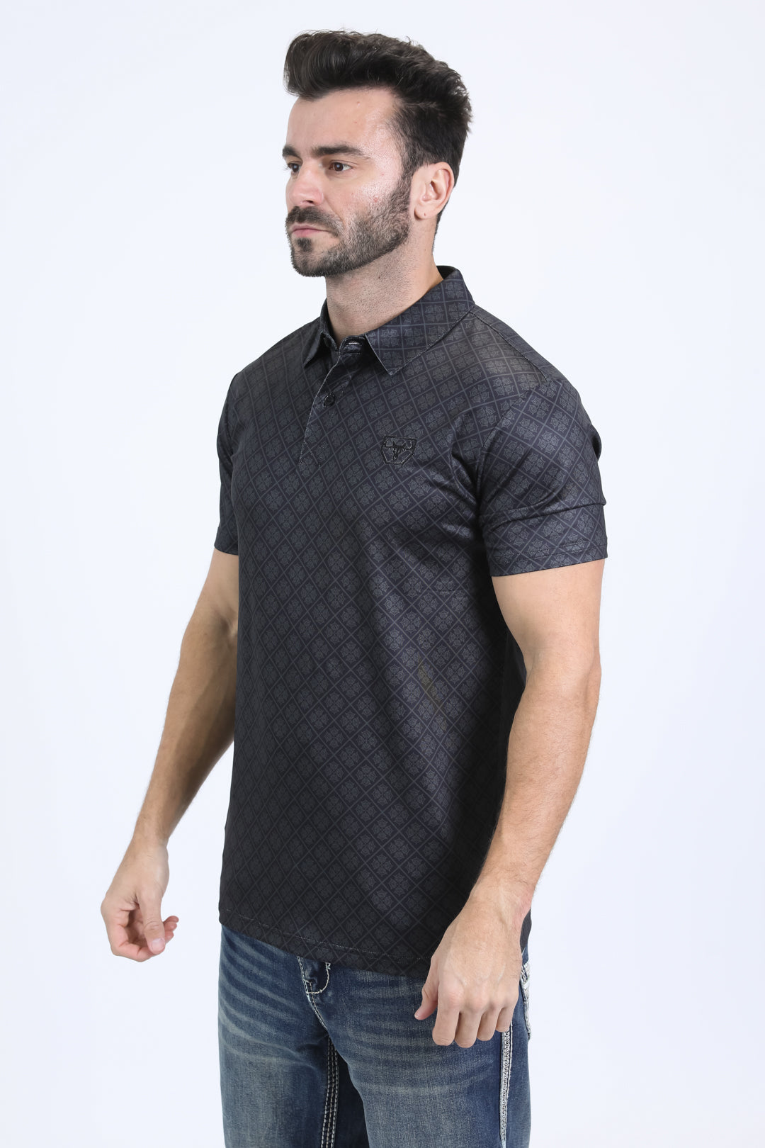 Mens Performance Fabric Modern Fit Stretch Aztec Print Black Polo