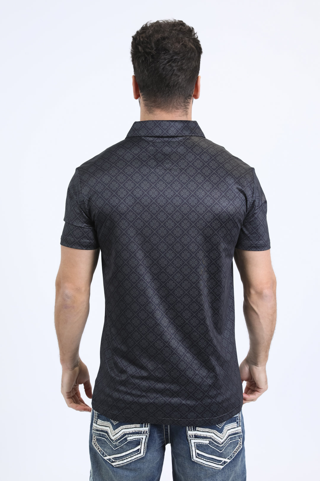 Mens Performance Fabric Modern Fit Stretch Aztec Print Black Polo