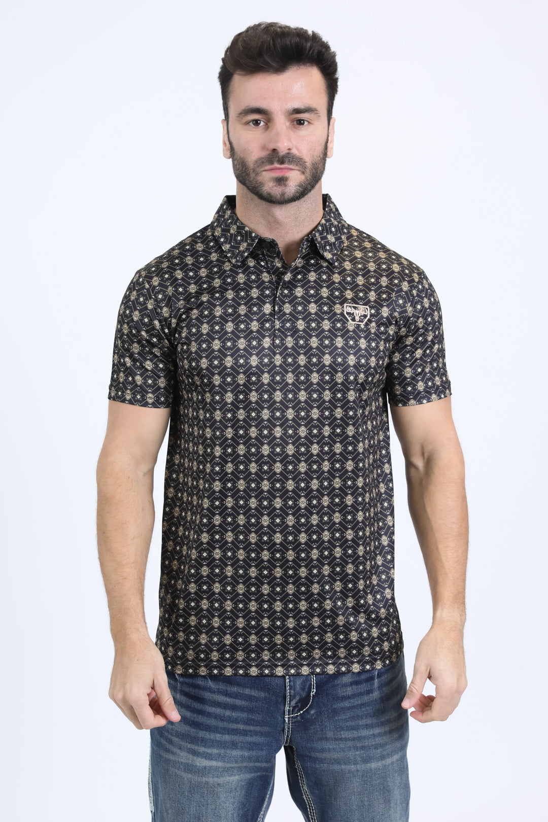 Mens Performance Fabric Modern Fit Stretch Aztec Print Black Polo