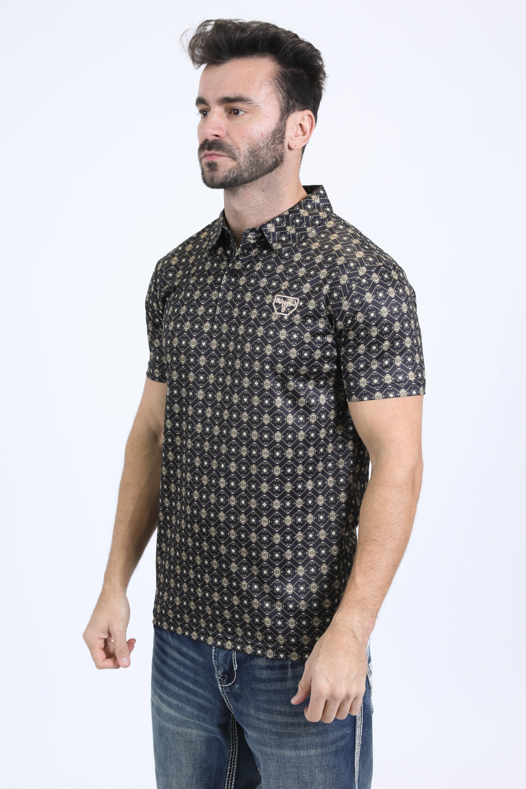 Mens Performance Fabric Modern Fit Stretch Aztec Print Black Polo