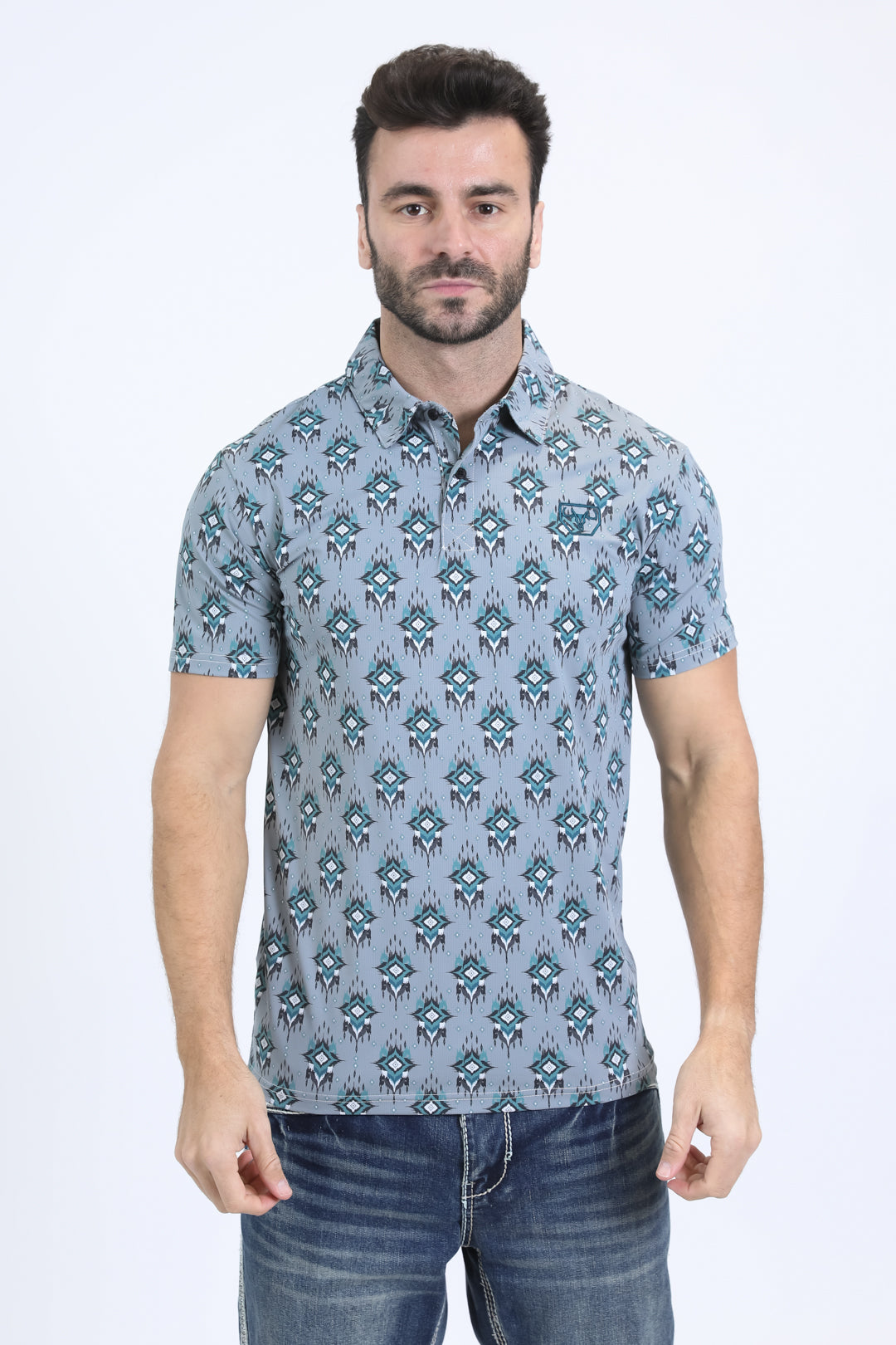 Mens Performance Fabric Modern Fit Stretch Aztec Print Blue Polo