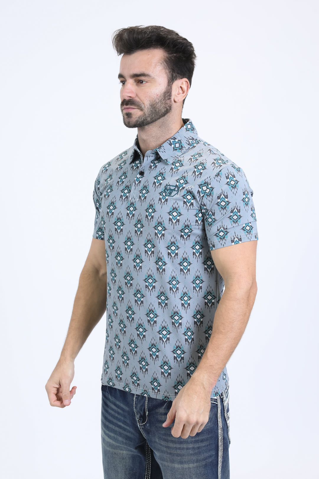 Mens Performance Fabric Modern Fit Stretch Aztec Print Blue Polo