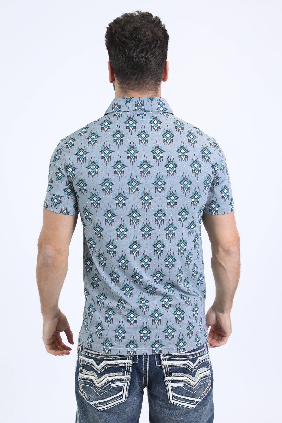 Mens Performance Fabric Modern Fit Stretch Aztec Print Blue Polo