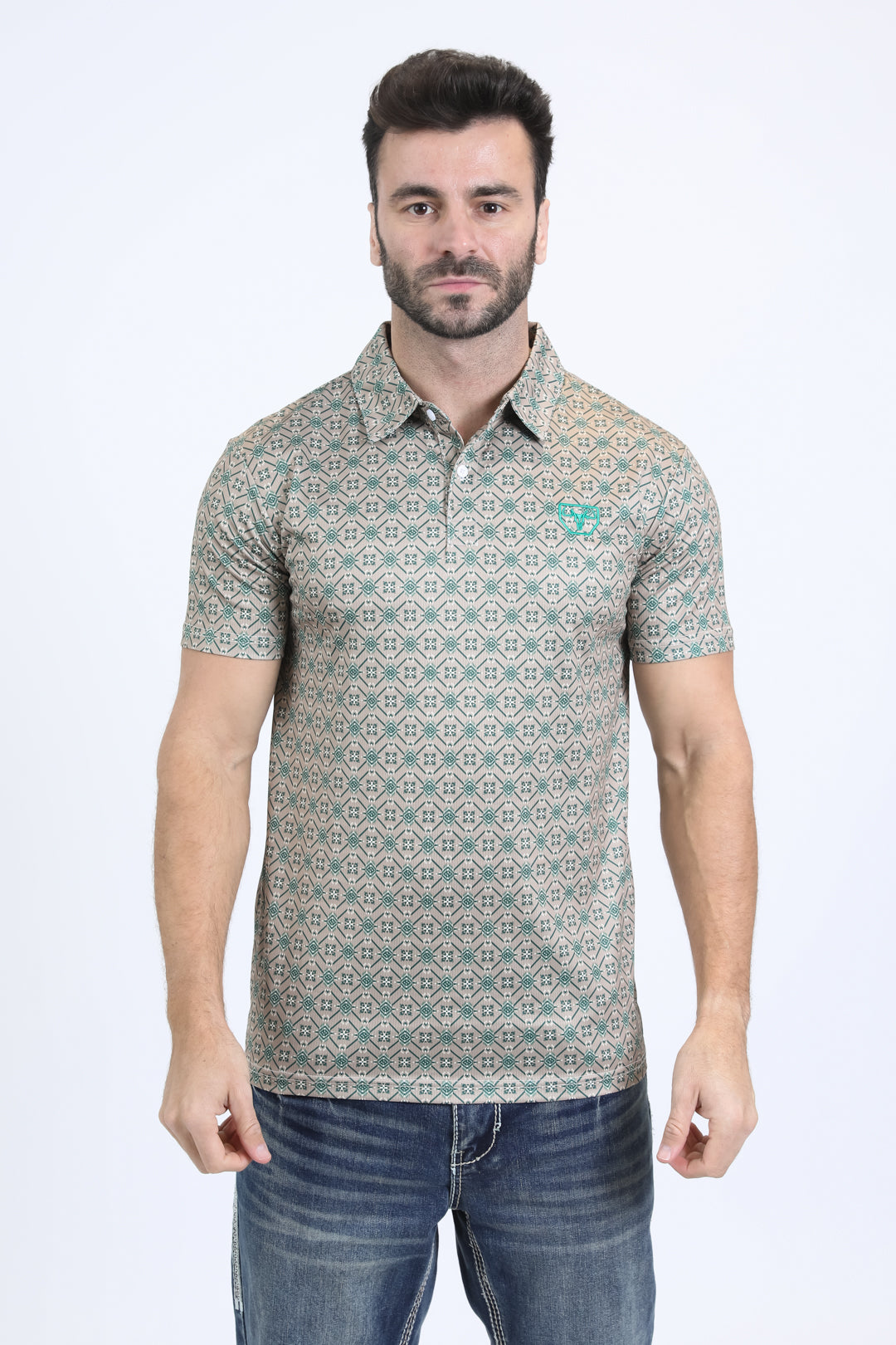 Mens Performance Fabric Modern Fit Stretch Aztec Print Khaki Polo