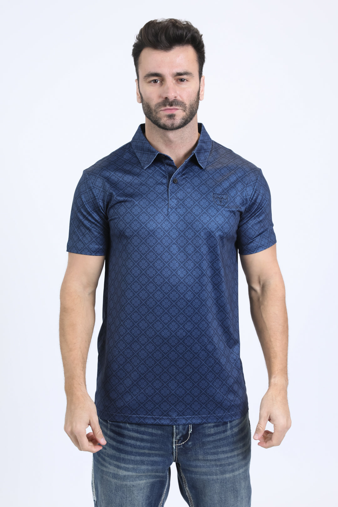 Mens Performance Fabric Modern Fit Stretch Aztec Print Navy Polo