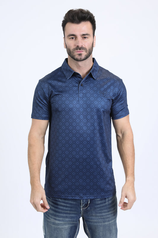 Mens Performance Fabric Modern Fit Stretch Aztec Print Navy Polo