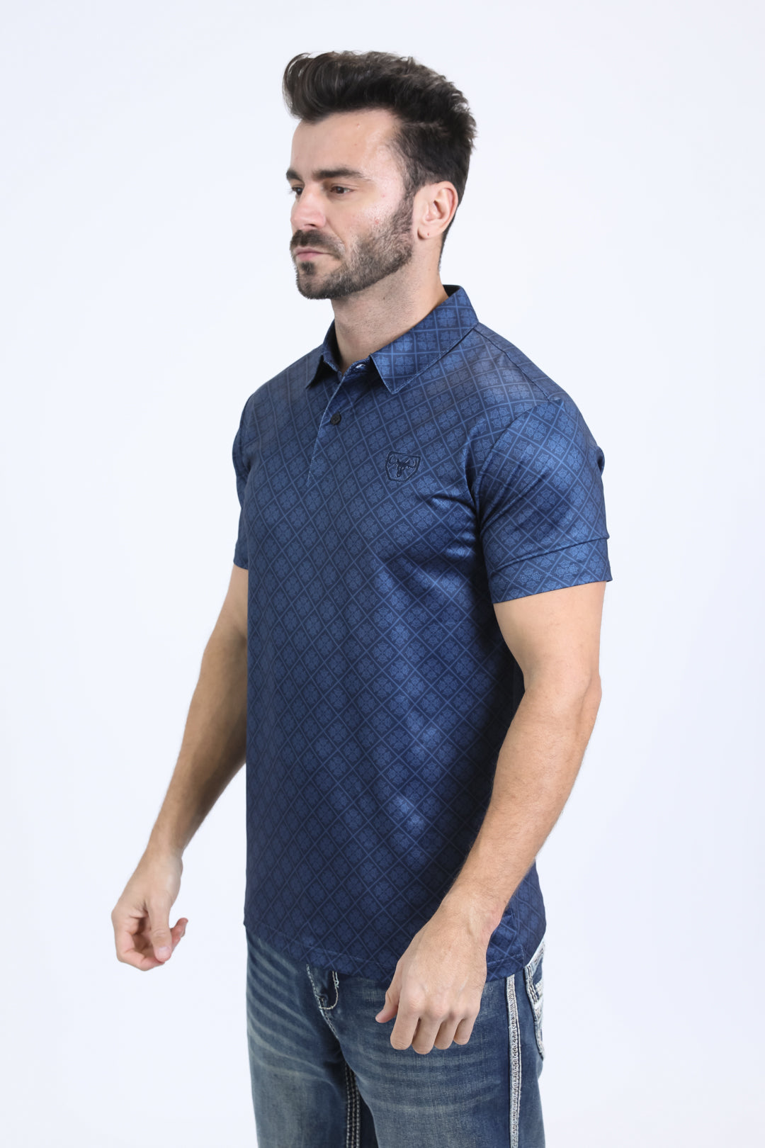 Mens Performance Fabric Modern Fit Stretch Aztec Print Navy Polo