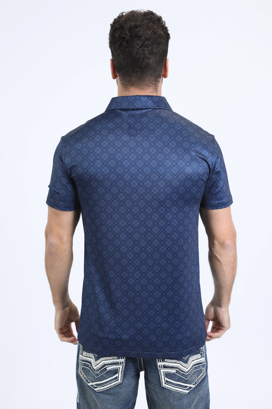 Mens Performance Fabric Modern Fit Stretch Aztec Print Navy Polo