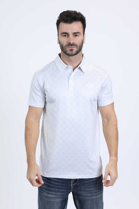 Mens Performance Fabric Modern Fit Stretch Aztec Print White Polo