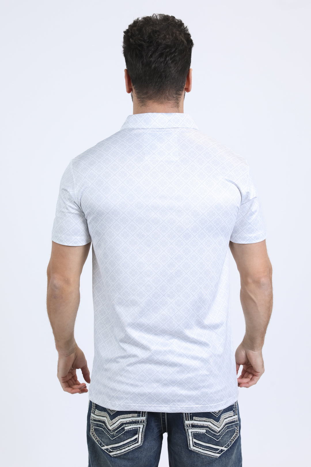 Mens Performance Fabric Modern Fit Stretch Aztec Print White Polo